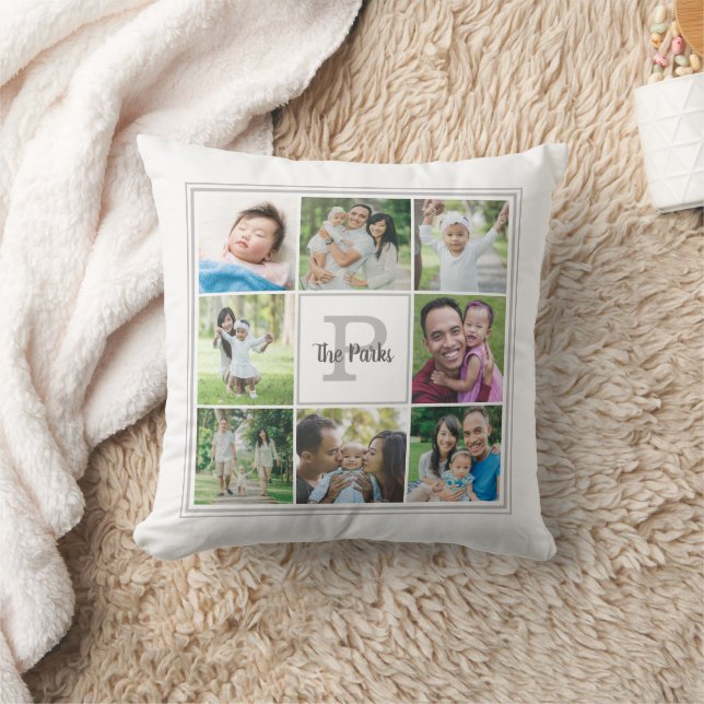 Familienaam Monogram 8 Foto Collage White Gray Kussen (Deken)