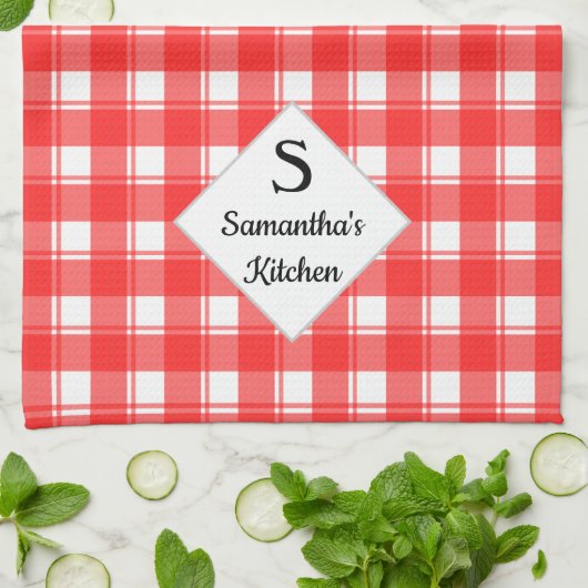 Familienaam Monogram Aangepaste Rood Wit Retro Pla Theedoek (Gevouwen)