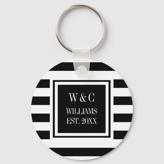 Familienaam Monogram Black White Stripe Sleutelhanger (Voorkant)