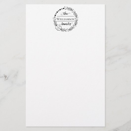 Familienaam Monogram Bloemenkrans Briefpapier (Voorkant)