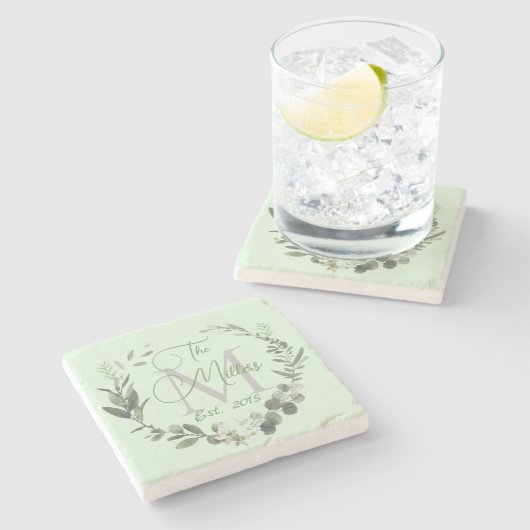 Familienaam Monogram Botanische Waterverf Stenen Onderzetter (Zijkant)