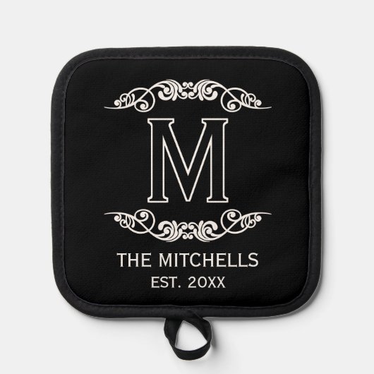 Familienaam Monogram Chique Antiek Filigraan Scrol Pannenlap (Voorkant)