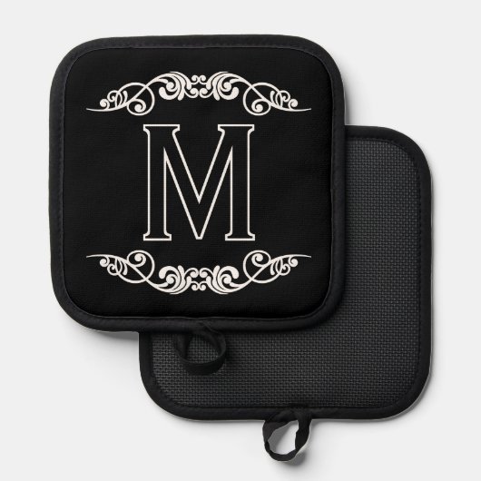 Familienaam Monogram Chique Antiek Filigraan Scrol Pannenlap (Voorkant / Achterkant)