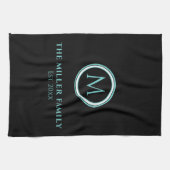 Familienaam | Monogram | Datum | Zwart-Blauwgroen Theedoek (Horizontaal)
