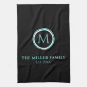 Familienaam | Monogram | Datum | Zwart-Blauwgroen Theedoek (Verticaal)