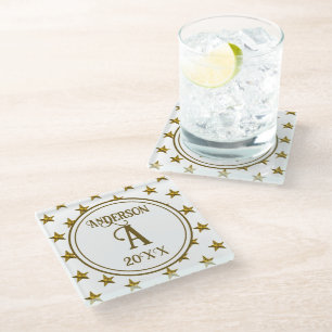Familienaam Monogram Elegant Wit Goud Sterren Glazen Onderzetter