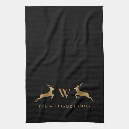 Familienaam Monogram Gold Deer Black Theedoek (Verticaal)