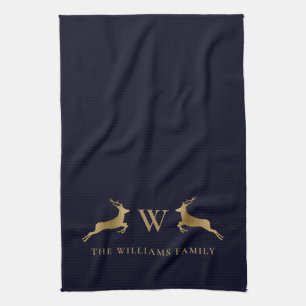 Familienaam Monogram Gold Deer Midnight Navy Theedoek