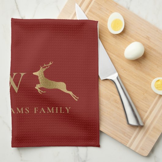 Familienaam Monogram Gold Deer Red Theedoek (Quarter Fold)