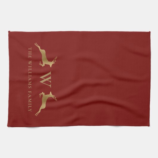 Familienaam Monogram Gold Deer Red Theedoek (Horizontaal)