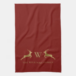 Familienaam Monogram Gold Deer Red Theedoek