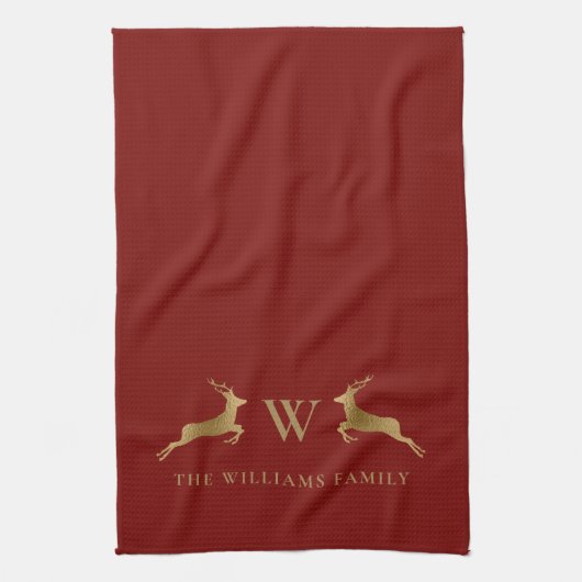 Familienaam Monogram Gold Deer Red Theedoek (Verticaal)
