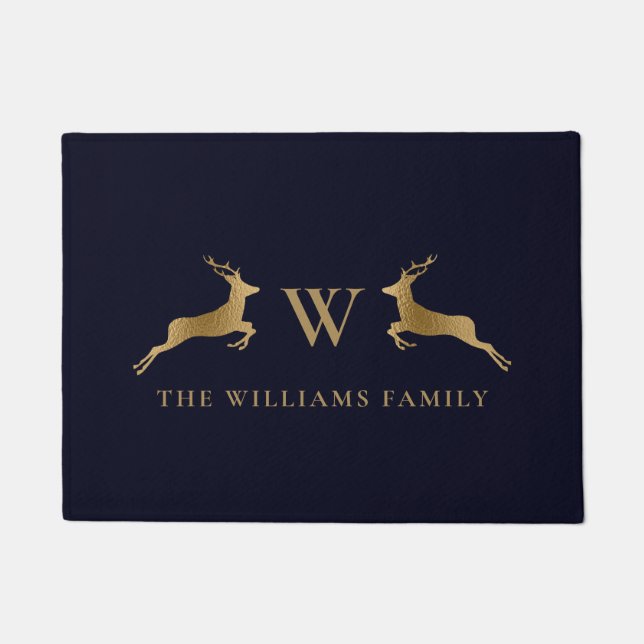 Familienaam Monogram Goud Herten Midnight Marine Deurmat (Voorkant)