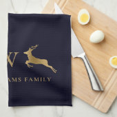 Familienaam Monogram Goud Herten Midnight Marine Theedoek (Quarter Fold)