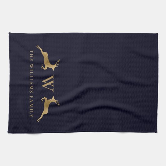 Familienaam Monogram Goud Herten Midnight Marine Theedoek (Horizontaal)