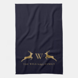 Familienaam Monogram Goud Herten Midnight Marine Theedoek