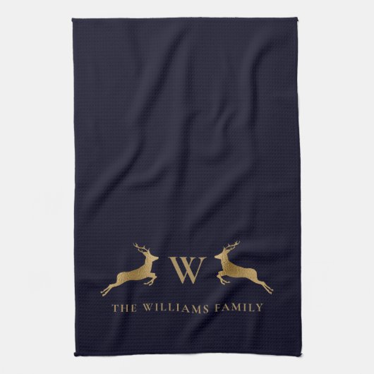 Familienaam Monogram Goud Herten Midnight Marine Theedoek (Verticaal)