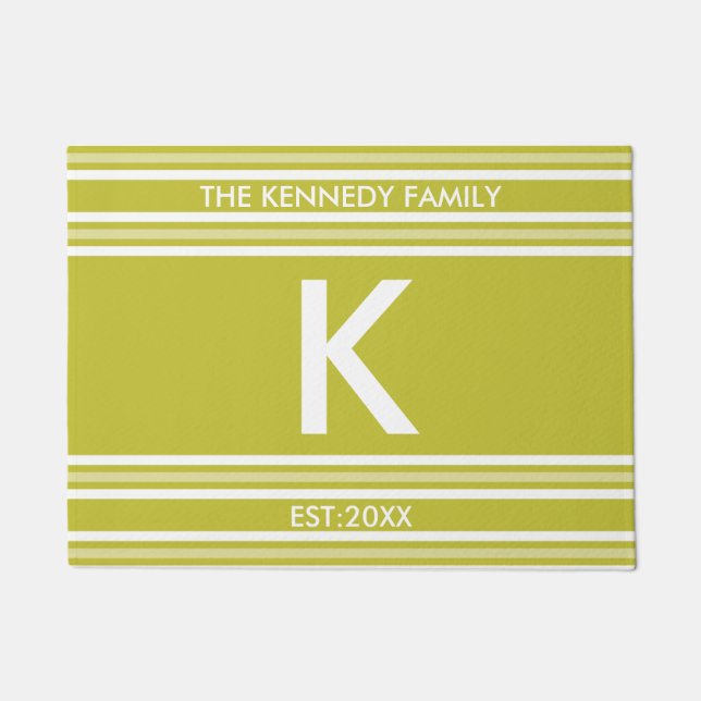 Familienaam Monogram Initiaal Groene Witte Stripe Deurmat (Voorkant)
