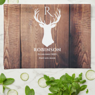 Familienaam Monogram Lake Rustic Deer Antler Wood Theedoek
