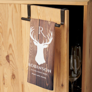 Familienaam Monogram Lake Rustic Deer Antler Wood Theedoek