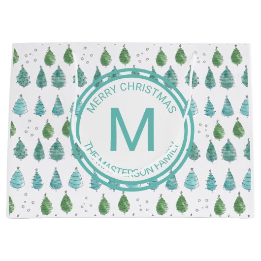 Familienaam Monogram Merry kerstbomen Green Groot Cadeauzakje (Voorkant)