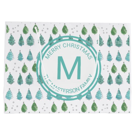 Familienaam Monogram Merry kerstbomen Green Groot Cadeauzakje (Achterkant)