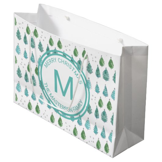 Familienaam Monogram Merry kerstbomen Green Groot Cadeauzakje (Voorkant Gekanteld)
