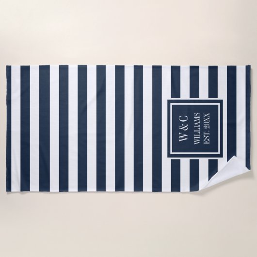 Familienaam Monogram Navy Blauwe Witte Streep Strandlaken (Voorkant)