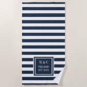 Familienaam Monogram Navy Blauwe Witte Streep Strandlaken (Voorkant)