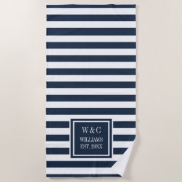Familienaam Monogram Navy Blauwe Witte Streep Strandlaken