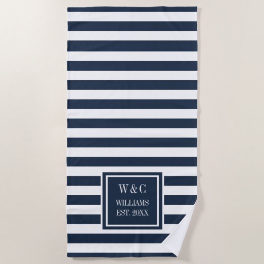 Familienaam Monogram Navy Blauwe Witte Streep Strandlaken (Voorkant)