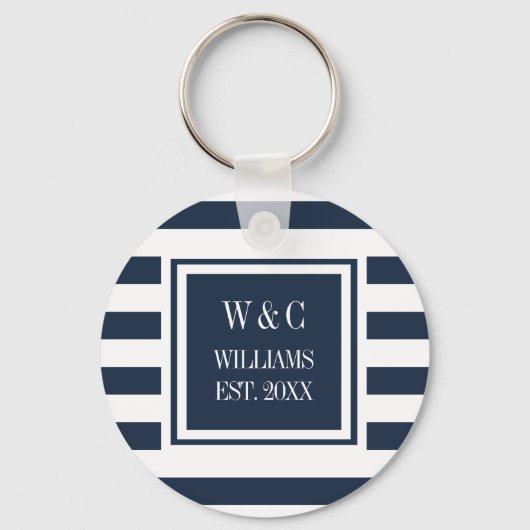 Familienaam Monogram Navy Blue White Stripe Sleutelhanger (Voorkant)