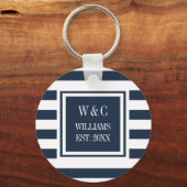 Familienaam Monogram Navy Blue White Stripe Sleutelhanger (Voorkant)