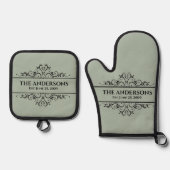 Familienaam monogram ovenwant & pannenlap set (Voorkant)