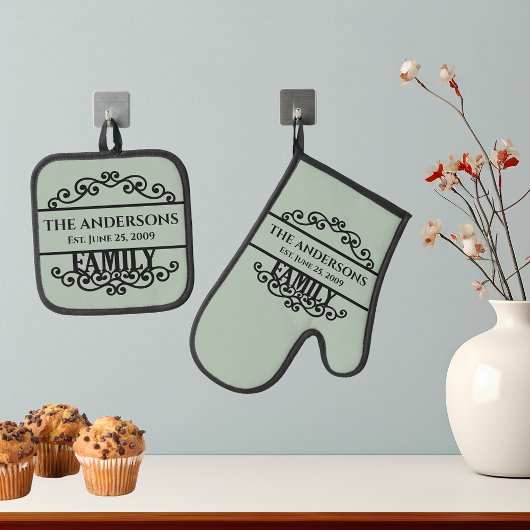 Familienaam monogram ovenwant & pannenlap set