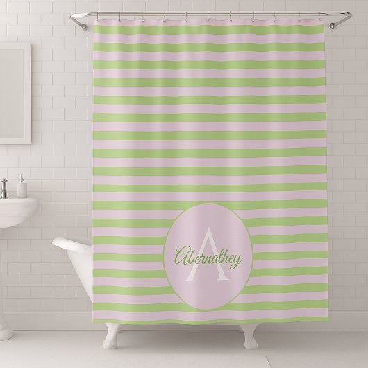 Familienaam Monogram Pastel Roze Groen Striped Douchegordijn