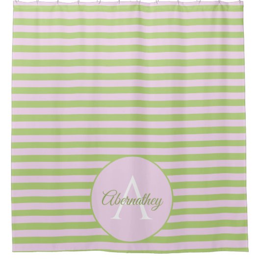 Familienaam Monogram Pastel Roze Groen Striped Douchegordijn (Voorkant)