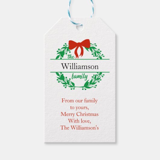 Familienaam Monogram Rode Groene Kerst Cadeaulabel (Voorkant)