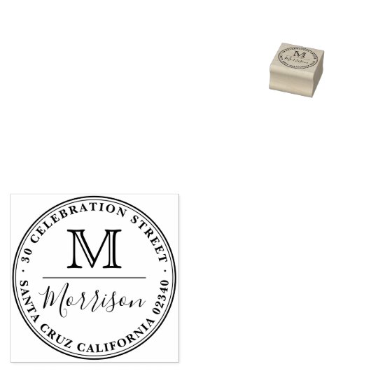 Familienaam & Monogram Ronde Grens Terugkeeradres Rubberstempel (Gestempeld)
