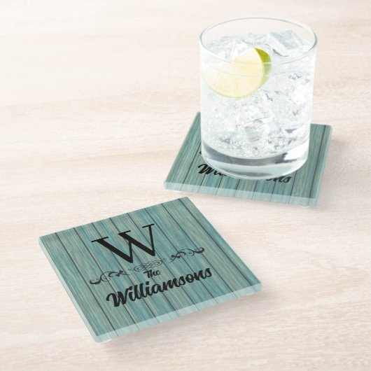 Familienaam Monogram Rustic Blue Wood Glazen Onderzetter (Schuin)