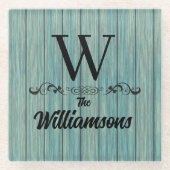 Familienaam Monogram Rustic Blue Wood Glazen Onderzetter (Voorkant)