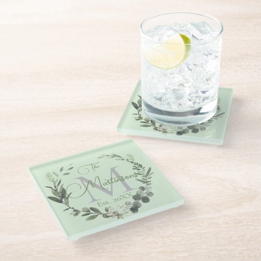 Familienaam Monogram Waterverf Botanisch Glazen Onderzetter (Schuin)