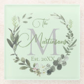 Familienaam Monogram Waterverf Botanisch Glazen Onderzetter (Voorkant)