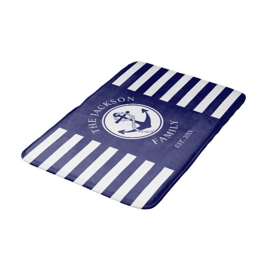 Familienaam Nautical Anchor Blue Stripes Pattern Badmat (Gekanteld)