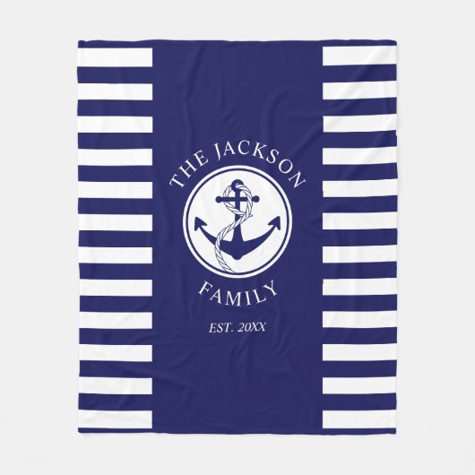 Familienaam Nautical Anchor Blue Stripes Pattern Fleece Deken (Voorkant)