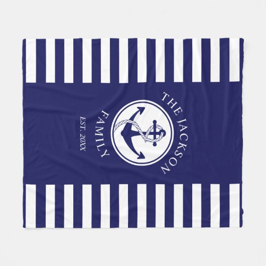 Familienaam Nautical Anchor Blue Stripes Pattern Fleece Deken (Voorkant (Horizontaal))