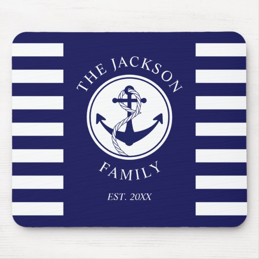 Familienaam Nautical Anchor Blue Stripes Pattern Muismat (Voorkant)