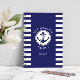 Familienaam Nautical Anchor Blue Stripes Pattern Notitieboek