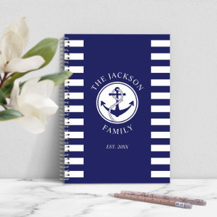 Familienaam Nautical Anchor Blue Stripes Pattern Notitieboek