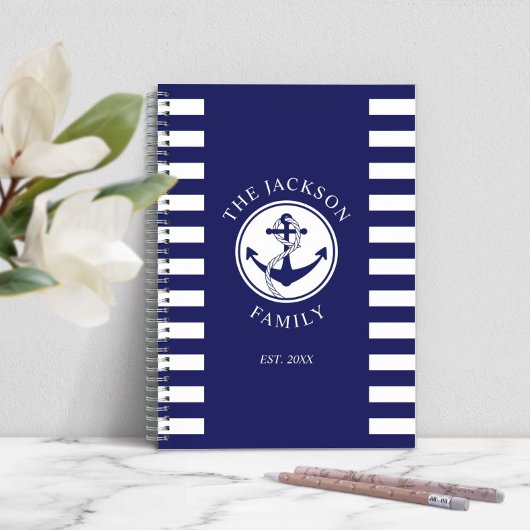 Familienaam Nautical Anchor Blue Stripes Pattern Notitieboek